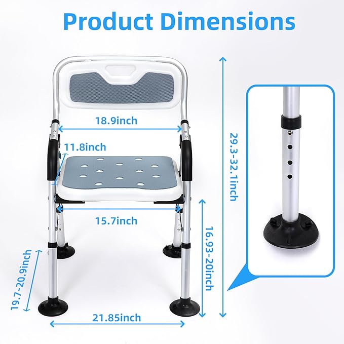 Shower Chair for Inside Shower,Foldable Shower Chair for Elderly and Disabled, Adjustable Height Chairs with Padded Arms and Back for Bathroom,Compact and Comfortable，Regular Standard