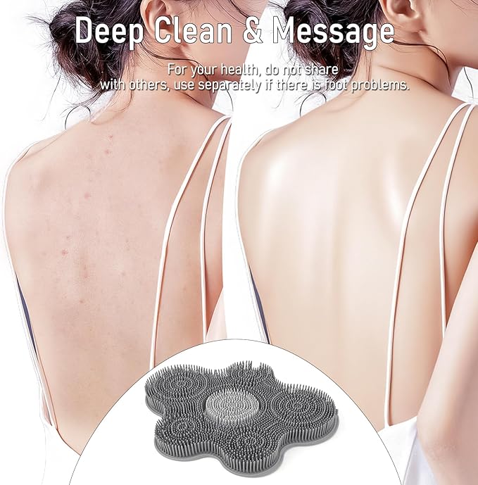 Shower Foot Scrubber Mat Silicone Back Exfoliating Cleaner, Feet Message Bath Washer Pad with Suction Cups for Wall Non-Slip - Itchy Toes Dead Skin Beauty Deep Clean Soft Bristles 14.2 * 11.2in Grey