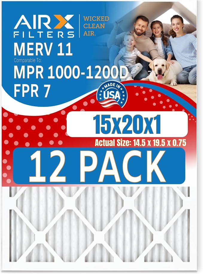15x20x1 Air Filter MERV 11 Rating, 12 Pack of Furnace Filters Comparable to MPR by AIRXFILTERSWICKEDCLEANAIR