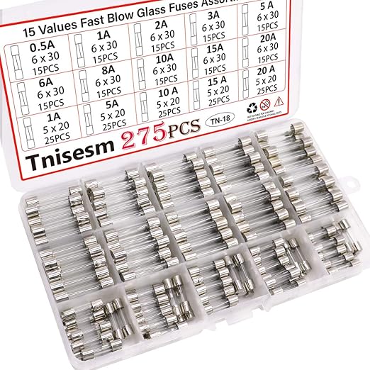 Tnisesm 275 Pcs Fast Blow Glass Fuses Assortment Kit 0.5A, 20A 15 Values 250V by Tnisesm