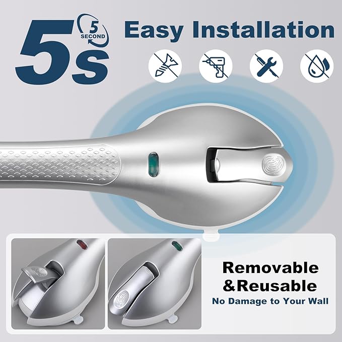 Shower Grab Bar 2 PCS Suction Grab Bars for Bathtubs and Showers, Shower Handle Removable Shower Handrails for Kids, Bathroom Safety Grip Waterproof(Silver)