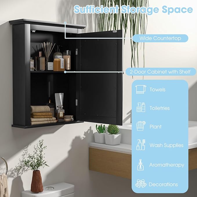 Safeplus Black Medicine Cabinet Wall Mounted with Mirror Adjustable Storage for Bathroom, Living Room, Bedroom, Entryway and Kitchen