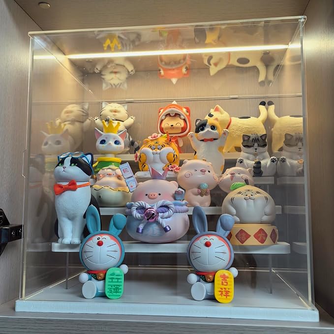 Choowin 4 Tier Clear Acrylic Display Case for Collectibles, Mini Figures, Pop Mart, Labubu, Sonny Angel, Smiski - Assemble Dustproof Acrylic Display Box with Door, Stand (White Base Step)
