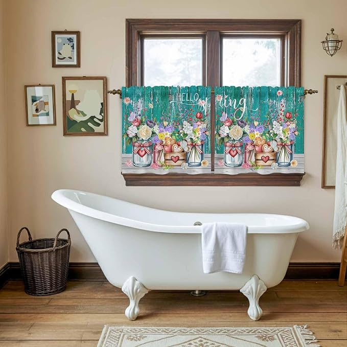 Spring Flowers Tier Curtains, Farmhouse Watercolor Teal Wood Grain Light - Image 5
