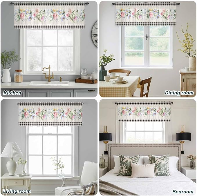 Blue Pink Floral Sheer Valance Curtains, Spring Summer Botanical Linen Black - Image 9
