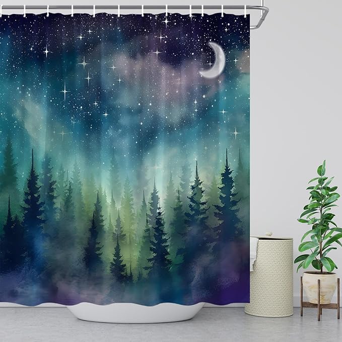 Forest Moon Shower Curtain Watercolor Misty Forest Fantasy Starry Sky Galaxy Nature Gothic Scenery Abstract Outdoor Bathroom Decor Curtains with Hooks, Purple