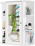 COSTWAY Wall Mounted Bathroom Cabinet, Storage Organizer with Mirror Door, 3 Adjustable Shelves & 6 Open Racks, Space-Saving Hanging Medicine Cabinet for Living Room Kitchen Entryway, White