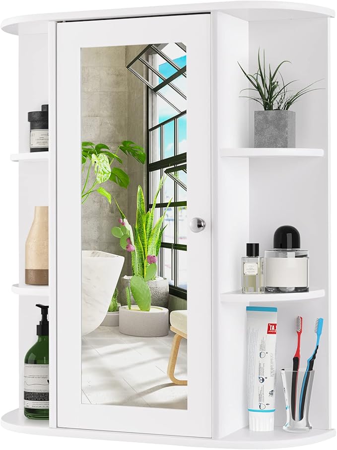 COSTWAY Wall Mounted Bathroom Cabinet, Storage Organizer with Mirror Door, 3 Adjustable Shelves & 6 Open Racks, Space-Saving Hanging Medicine Cabinet for Living Room Kitchen Entryway, White