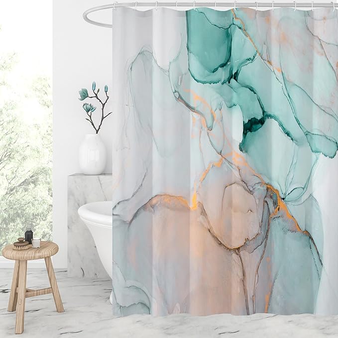 Gibelle Long Fabric Shower Curtain 72 x 78, Tall Abstract Grey Teal Marble Shower Curtain, Modern Ink Art Waterproof Fabric Shower Curtain Set with Hooks