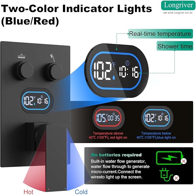 Push Button Diverter Shower Faucet Set, Hydro Power Temperature Display, Shower System 12 Inch Shower Head with Handheld Spray, Wall Mounted Shower Fixtures with Shower Valve and Trim Kit, Matte Black