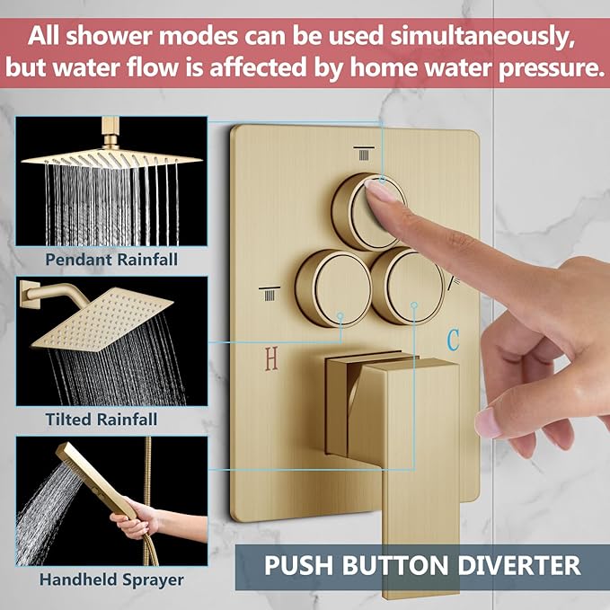 Aolemi Shower Faucet Set Ceiling Mount Shower System Rough-in Valve and Shower Trim Kit 10 and 6 Inch Dual Shower Head 2 in 1 Handheld Spray Push Button Diverter Brushed Gold