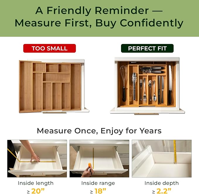 6-Piece Bamboo Drawer Organizer Set, 2.2" Deep Multi-Use Organizers for Utensils, Silverware, Cutlery, Desk, Bathroom, Junk Drawer & Makeup, Non-Slip Feet Included.
