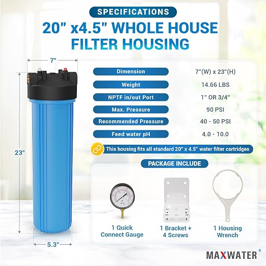 Max Water 20" x 4.5" Whole House Water Filter Housing, Big Filter Blue - Image 2