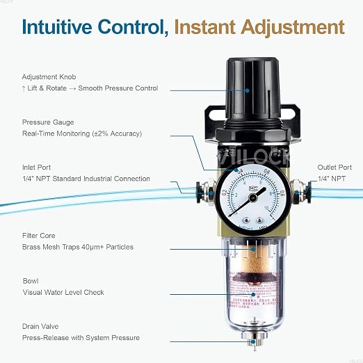 1/4" NPT Air Compressor Filter Regulator Combo, Water Separator Air Pressure - Image 5