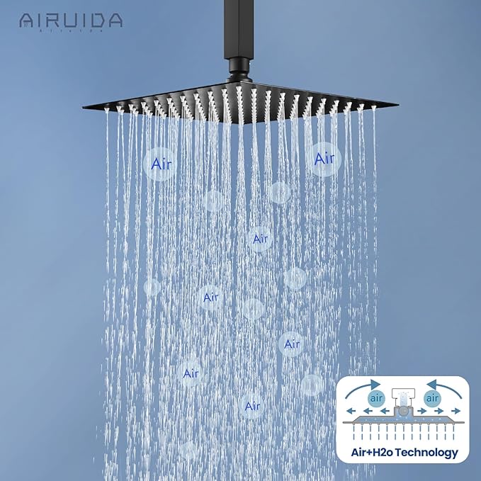 Airuida Shower Faucet Set and Handle Set Single Function Shower Trim Kit Ceiling Mount Rainfall Shower System with Male Threads and Rough-in Valve 10 Inch Square Shower Head Matte Black
