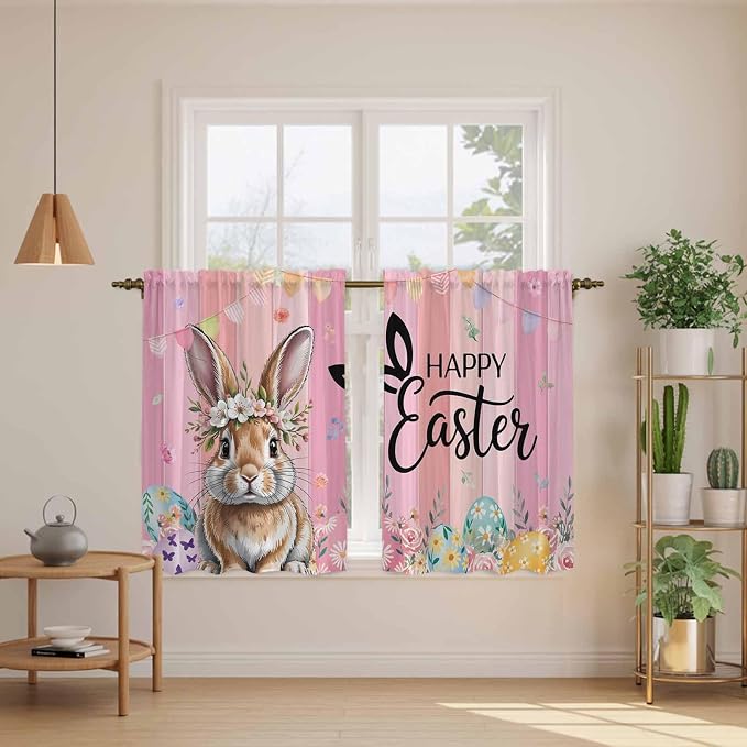 Easter Tier Curtains, Spring Rabbit Eggs Flowers Flags Leaves Wood Grain Light - Image 3