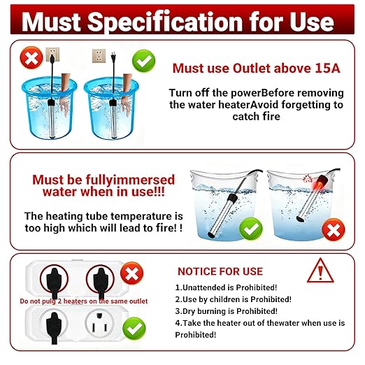 Immersion Water Heater,Anti-scalding Bucket Heater with Stainless Steel Guard Heat 5 Gallons of Water in Minutes,Electric Pool Water Heater for Above Ground Pool Bathtub,Camping