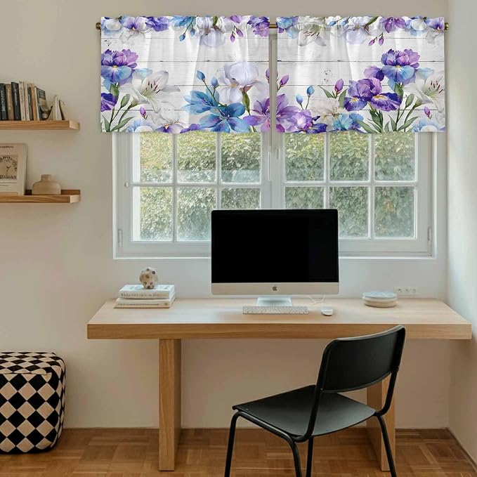 Spring Flowers Tier Curtains, Watercolor Garden Florals Wooden Grain Light - Image 6