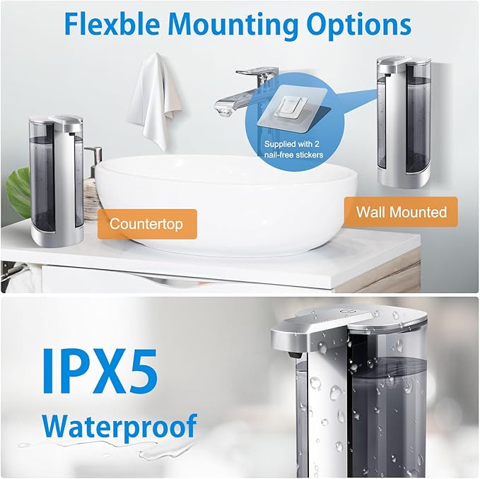 Automatic Liquid Soap Dispenser, Rechargeable, Touchless, 17oz/500ml with 4 Adjustable Soap Levels, Wall Mount & Waterproof, Liquid Hand/Dish Soap Dispenser for Bathroom Kitchen