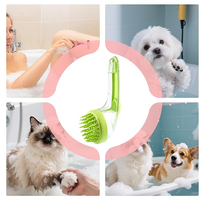 Pet Bathing Brush – Gentle Dog And Cat Scrubber With Integrated Soap Dispenser, Massage Cleansing Tool | Perfect For Puppies Kittens Cats, Home Use, Travel, Pool And Beach Bathing, Grooming Sessions
