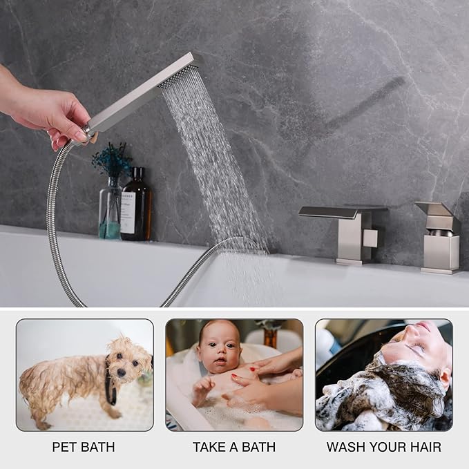 TapLong Modern Roman Tub Faucet with Hand Shower, Waterfall Deck Mount Bathtub Filler Faucet with Sprayer, Widespread 3-Holes Tub Shower Faucet Set in Brushed Nickel, 02763BN