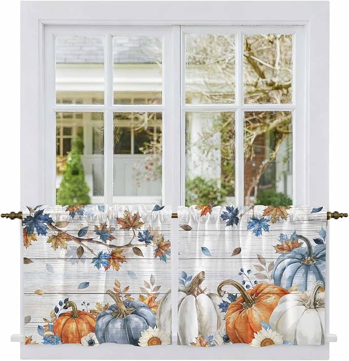 Thanksgiving Pumpkin Kitchen Tier Curtains 24 Inch Long 2 Panel Set, Rod Pocket - Image 2