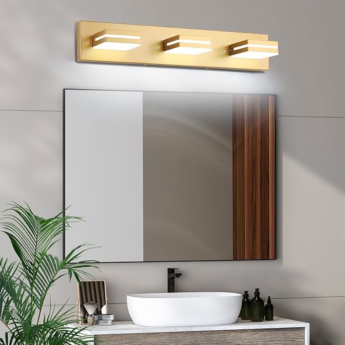 SineRise LED Modern Bathroom Vanity Light Fixtures (3-Light, 24-Inch), Matte Gold Modern Acrylic Bathroom Wall Lighting Fixtures Over Mirror (Cool White 6000K)