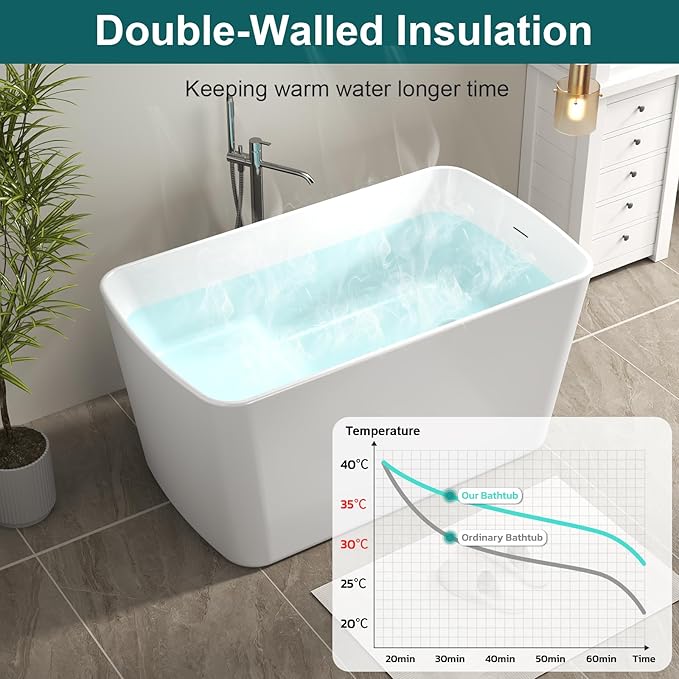49" Acrylic Freestanding Soaking Tub w/Seat- Contemporary Design with Toe-Tap Drain & Brushed Nickel Overflow - 55 Gal, cUPC Certified