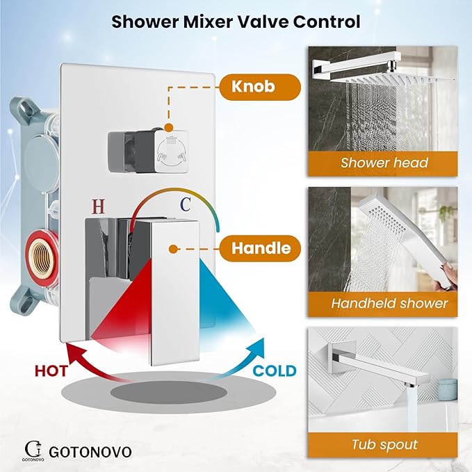 gotonovo Shower System with Tub Spout Wall Mounted Rain Shower Head and Handle Combo Shower Faucet Set with Valve, 10 Inch, Polish Chrome