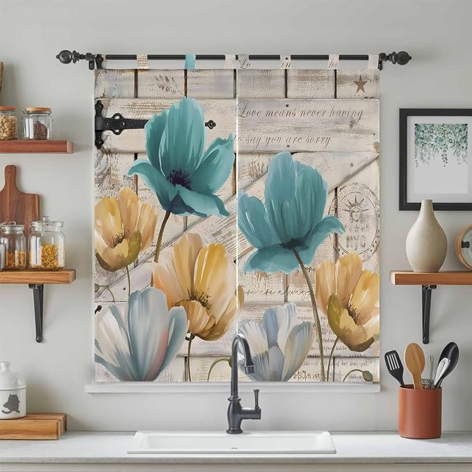 Watercolor Flowers Bathroom Curtains 63 Inch Length, Window Curtains Tab Top - Image 3