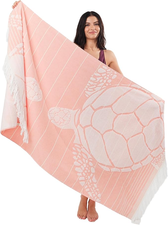 SOFE H&L | LINVIA Foutah Quick Dry Beach Towel Pack of 2 (35” x 70”) CARETTA - Coral | Lightweight, Premium, Fade Resistant, Durable | Travel Towel, Turkish Beach Towel with Shoulder Strap