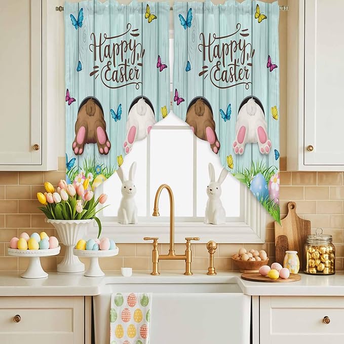 Swag Curtain Valances for Kitchen Windows, Happy Easter Bunny Butt Egg Floral - Image 4