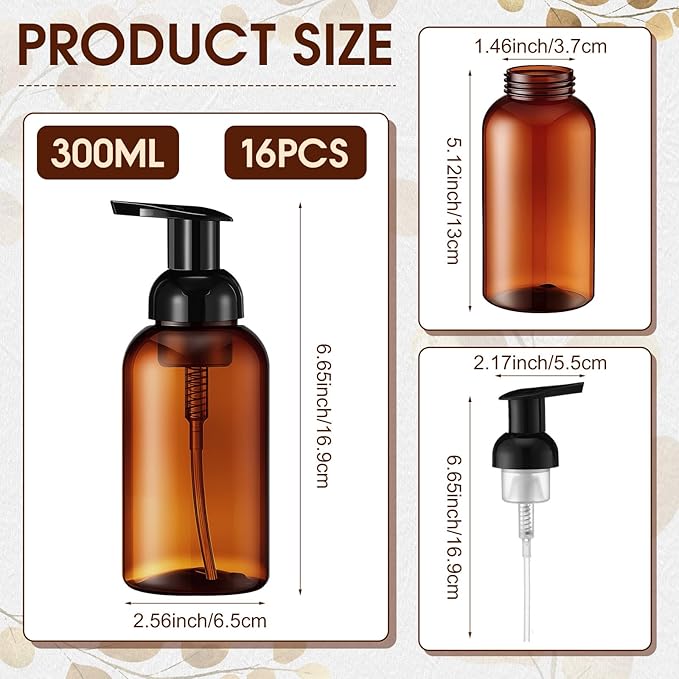 Uiifan 16 Pcs 10 oz Amber Foaming Soap Dispenser Refillable Foam Pump Bottle Liquid Plastic Container for Kitchen Bathroom Commercial Concentrated or Regular Shampoo Body Wash Dish Liquid Soap