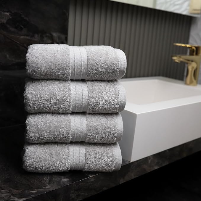 Hand Towels Pack of 4-100% Cotton & Luxury, Large (16"x 28") Absorbent, Thick, Cozy - Versatile, Perfect as Hotel Towel, Hand Towels for Bathroom - Silver Gray