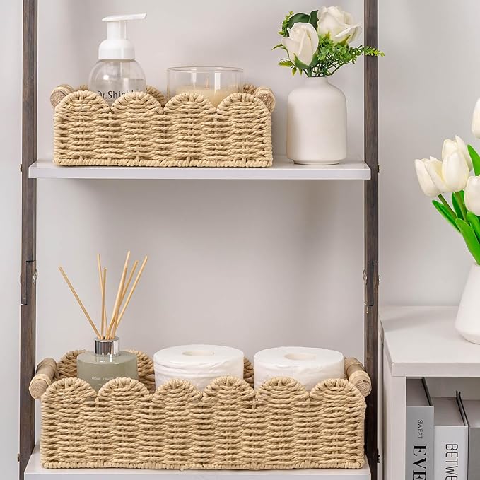 CubesLand Scalloped Decor Basket for Living Room, Home, Bathroom, 2SAME SIZE Paper Rope Basket, Toilet Storage Baskets for Over Toilet Storage Shelf, Cute Woven Basket Both Storage&Decor, Beige