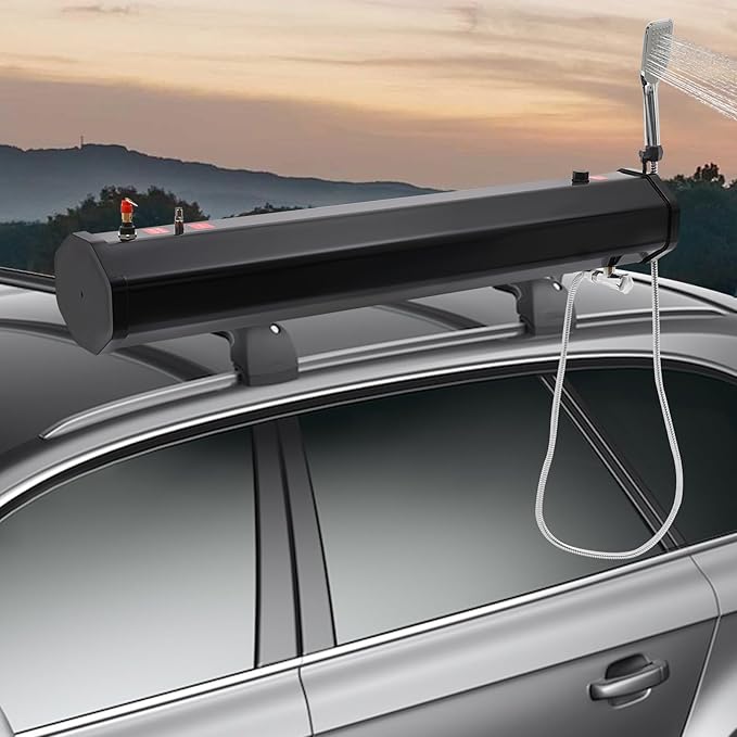 TFCFL 7.93 Gallon Roof Rack Mount Road Shower, High Pressure Outdoor Camping Shower with Long Hose, Portable Camping Solar Shower for Camping, Hiking, Beach, Pet & Gear Cleaning, Black