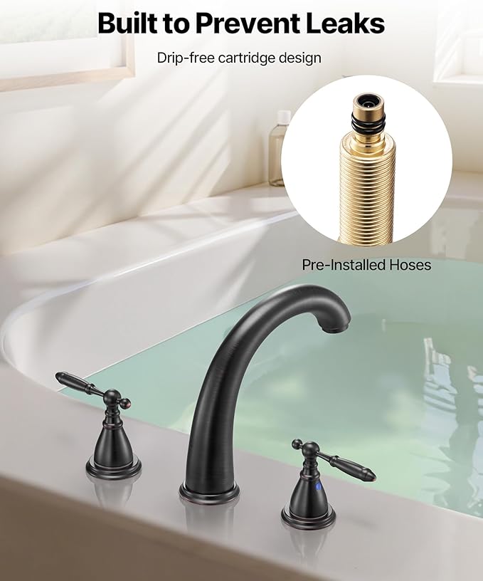 VEVOR Roman Tub Faucet, 3 Hole Waterfall Bathtub Faucet, Gooseneck Bath Tubs Faucets Set with 2 Handles, Roman Tub Faucets Deck Mount for Pet Washing, Adult Bathing, Bronze, Temperature Control