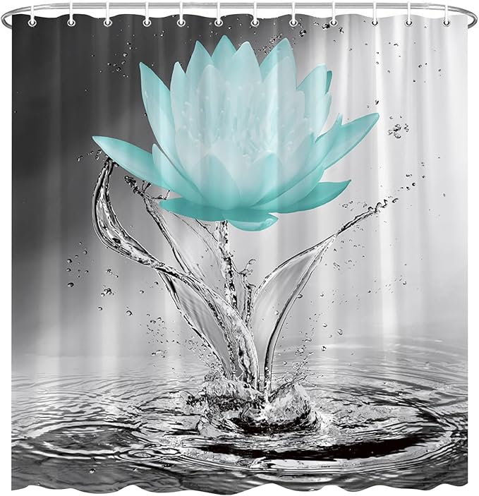 Lotus Shower Curtain Black White Grey Teal Flower Elegant Blooming Floral with Dew Spring Flower Reflection on Water Modern Romantic Polyester Fabric Bathroom Decor 70×84 Inch with Hook
