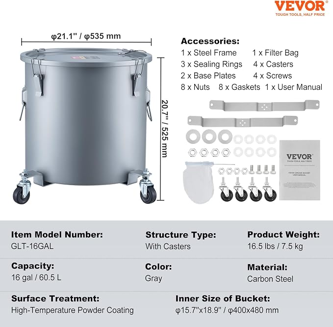 VEVOR Fryer Grease Bucket, 16 Gal Oil Disposal Caddy - Image 7