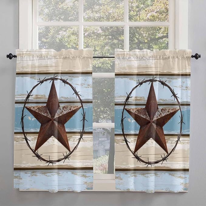Vintage Western Star on Wood Grain Window Valance Curtains, Retro Wooden by IDOWMAT