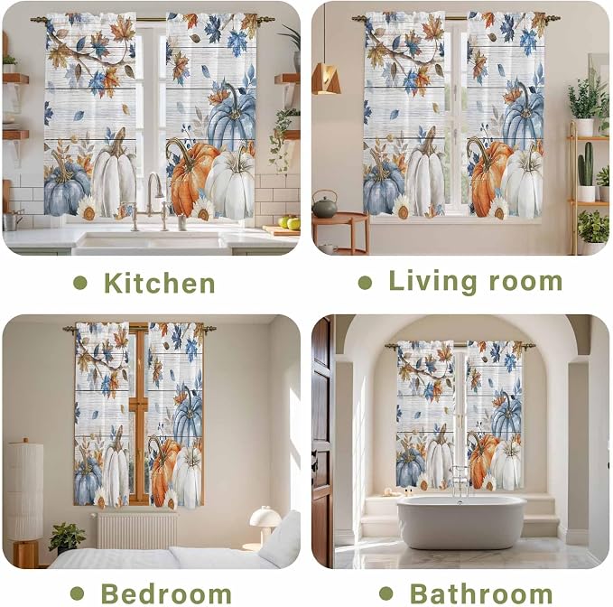 Thanksgiving Pumpkin Window Curtains 63 Inch Long 2 Panel Set, Rod Pocket - Image 8