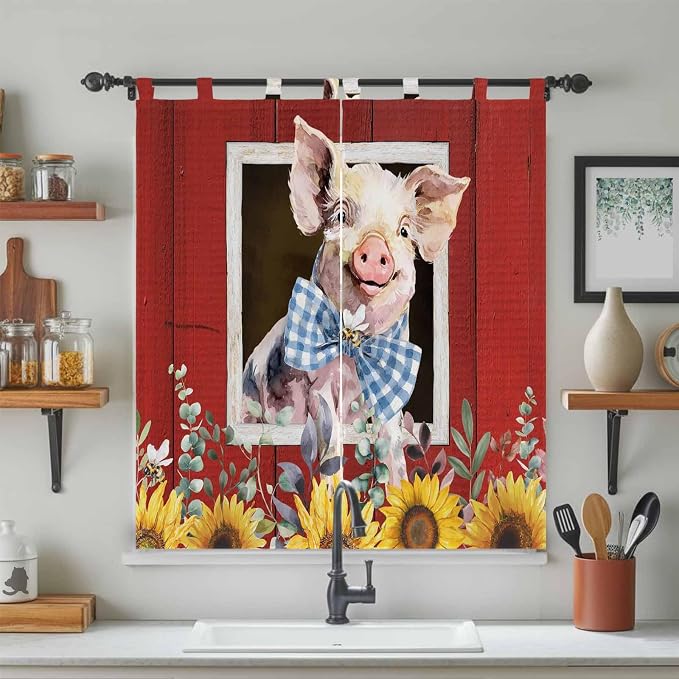 Pig Sunflowers Bathroom Curtains 63 Inch Length, Window Curtains Tab Top - Image 3