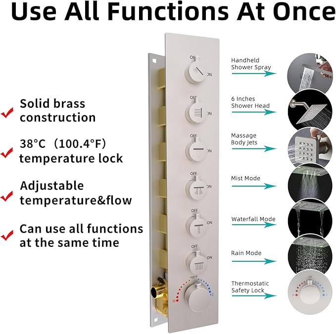 24x32 LED Dual Head Shower System 24"x32" Ceiling Mount Shower Head Thermostatic Shower System Rainfall Shower Set with 6 Inches Shower Head and 6 Body Jets High Pressure Shower Handheld