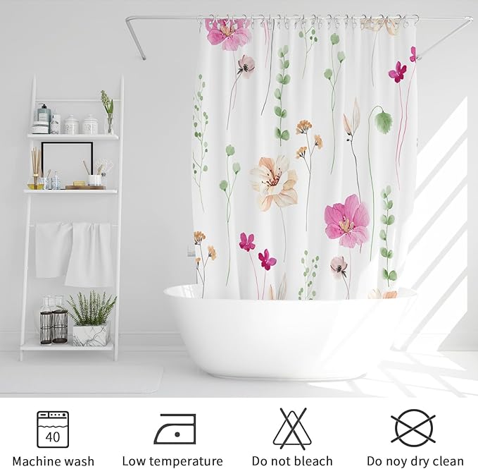 Gibelle Watercolor Floral Shower Curtain, Pink Beige Flower Shower Curtain for Bathroom, Modern Minimalist Waterproof Fabric Shower Curtain Set 72x72 Inch