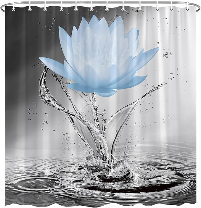 Lotus Shower Curtain Black White Grey Blue Flower Elegant Blooming Floral with Dew Spring Flower Reflection on Water Modern Romantic Polyester Fabric Bathroom Decor 108×70 Inch with Hook