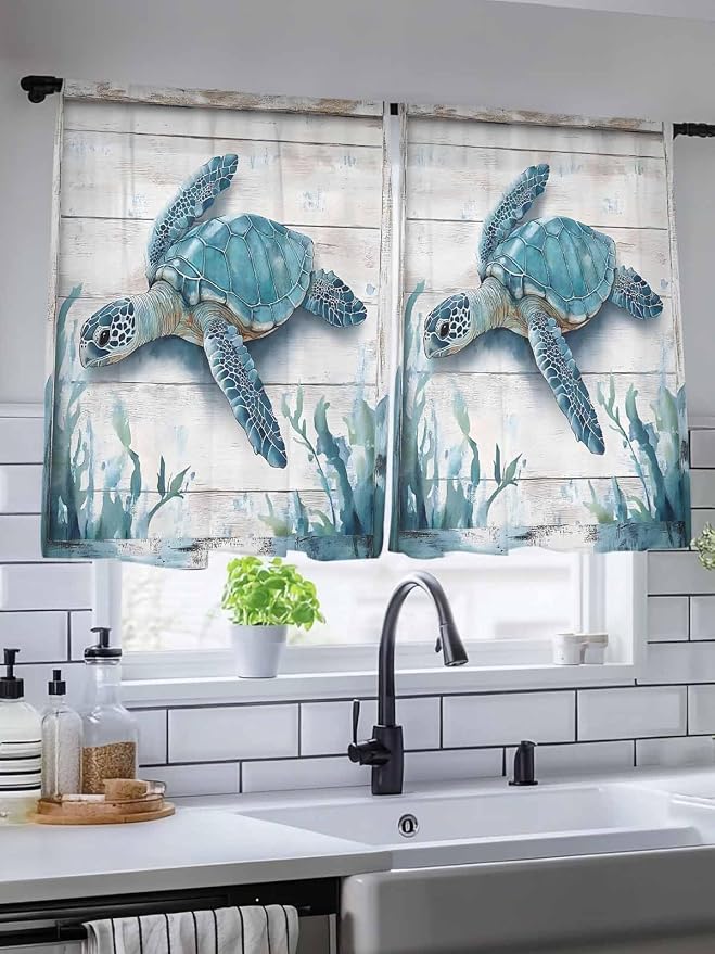 Sheer Curtains 54 Inch Length, Teal Green Sea Turtle Semi Sheer Curtains Light - Image 5