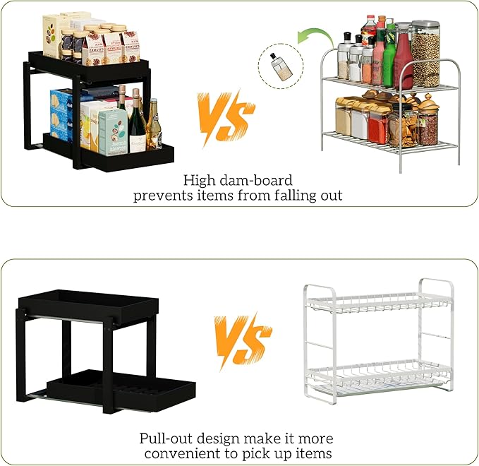 2 Pack Under Sink Organizer, Bamboo Wooden 2-Tier Pull-Out Storage with Sliding Drawers for Kitchen and Bathroom Cabinets, Easy Installation (Black, 1 pack)