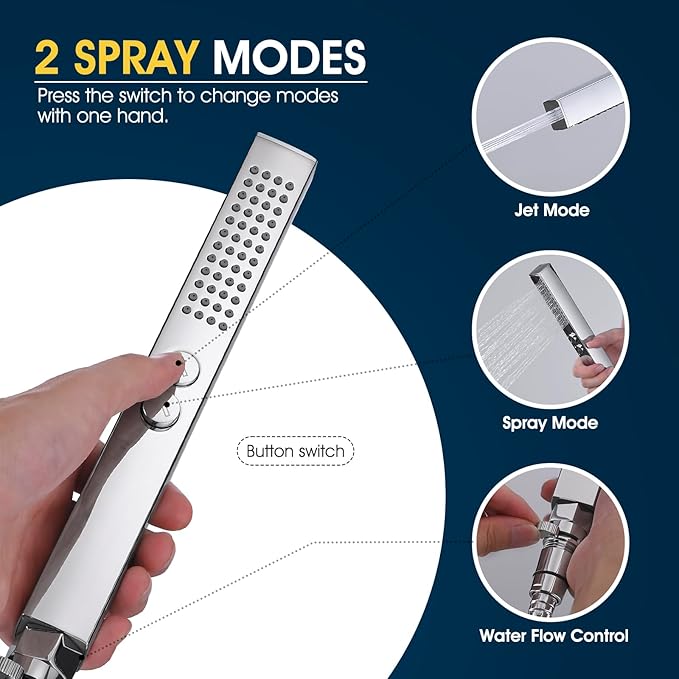 All-Metal High Pressure Square Handheld Shower Head with Jet Spray and Rainfall Modes, Volume Control Regulator, ON/OFF Switch, Hose and Wall Mounted Adjustable Bracket, Chrome Color