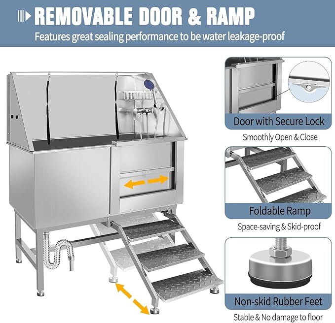 50 Inch Professional Dog Wash Station, Stainless Steel Dog Grooming Tub for Large, Medium & Small Pets - with Anti-Slip Stairs, Drain & Door, Silver