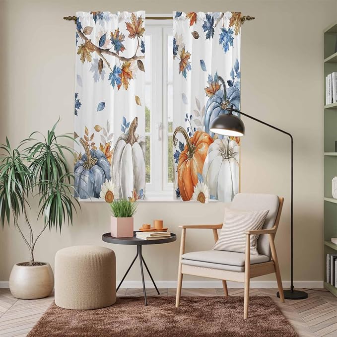 Navy Blue Pumpkin Fall Window Curtains 63 Inch Long 2 Panel Set, Rod Pocket - Image 7